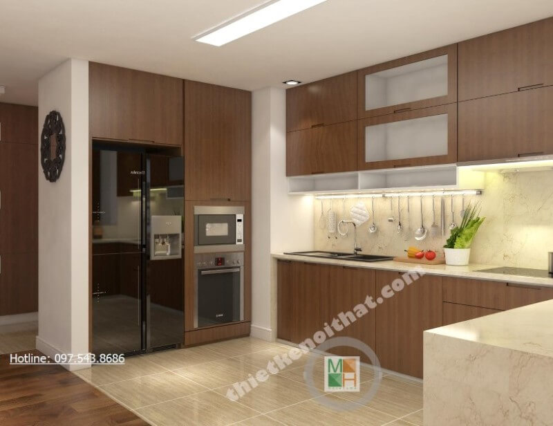 Tủ bếp đẹp kết hợp tủ bát và kệ gia vị đem đến một phòng bếp đầy đủ công năng Tủ bếp hiện đại, tủ bếp chữ u, tủ bếp chữ i, tủ bếp chữ l