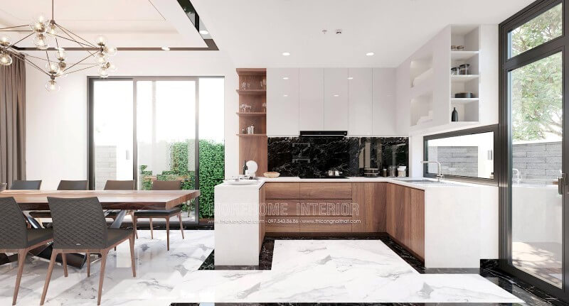 Mẫu tủ bếp biệt thự được thiết kế ấn tượng với sự phân chia khoa học mang lại sự thuận tiện cho người nấu. Tủ bếp hiện đại, tủ bếp chữ u, tủ bếp chữ i, tủ bếp chữ l