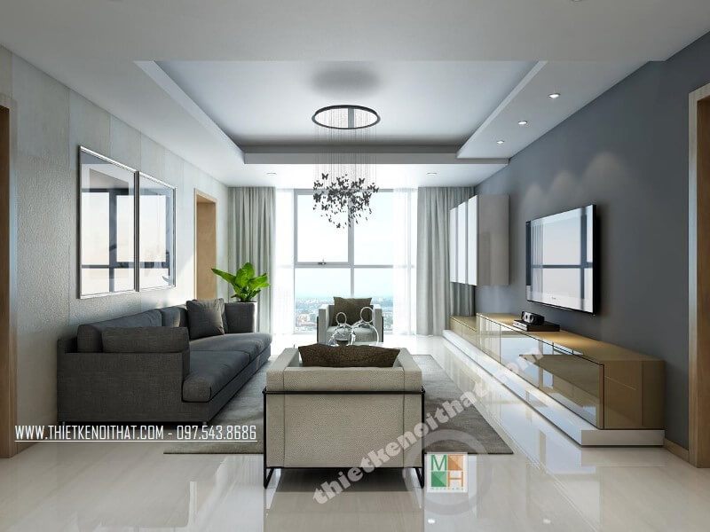 Mẫu thiết kế nội thất chung cư đẹp với bộ sofa vải hiện đại tạo điểm nhấn nổi bật cho căn phòng.