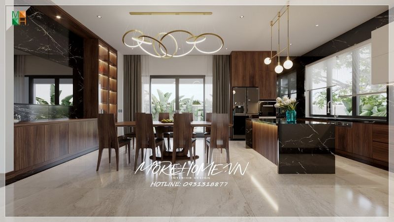 Phòng ăn liền bếp được nhiều gia đình lựa chọn bởi sự tiện nghi, thuận tiện cho sử dụng, kết nối không gian với nhau và mang tới thẩm mỹ cao