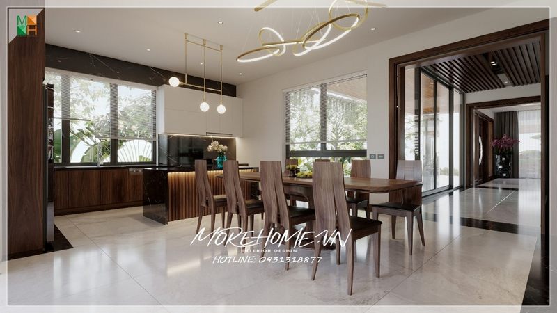 Phòng ăn liền bếp nội thất trang trí với không gian mở thoáng, thuận tiện cho sử dụng của gia chủ