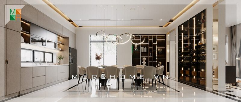 Mẫu thiết kế phòng ăn liền kề bếp rất ấn tượng và đầy tiện nghi.