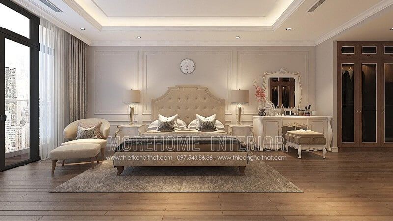 Để tạo nên phong cách thiết kế nội thất phòng ngủ chung cư cao cấp, một mẫu giường ngủ tân cổ điển đẹp được sử dụng để trang trí.
